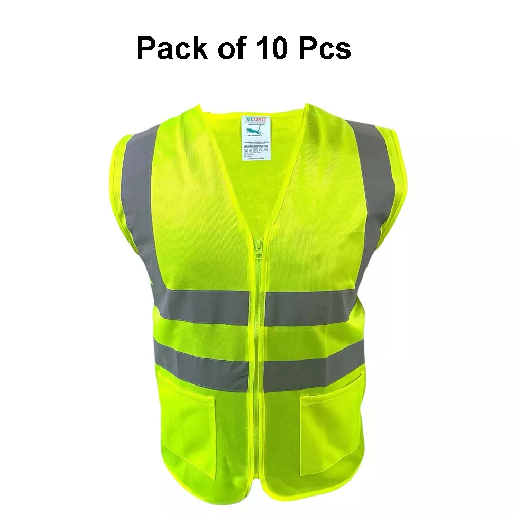 Sicuro Reflective Safety Jacket Sleeveless XXL - Size Green Polyester for Indoor & Outdoor Construction Use, (Pack of 10 Pcs)