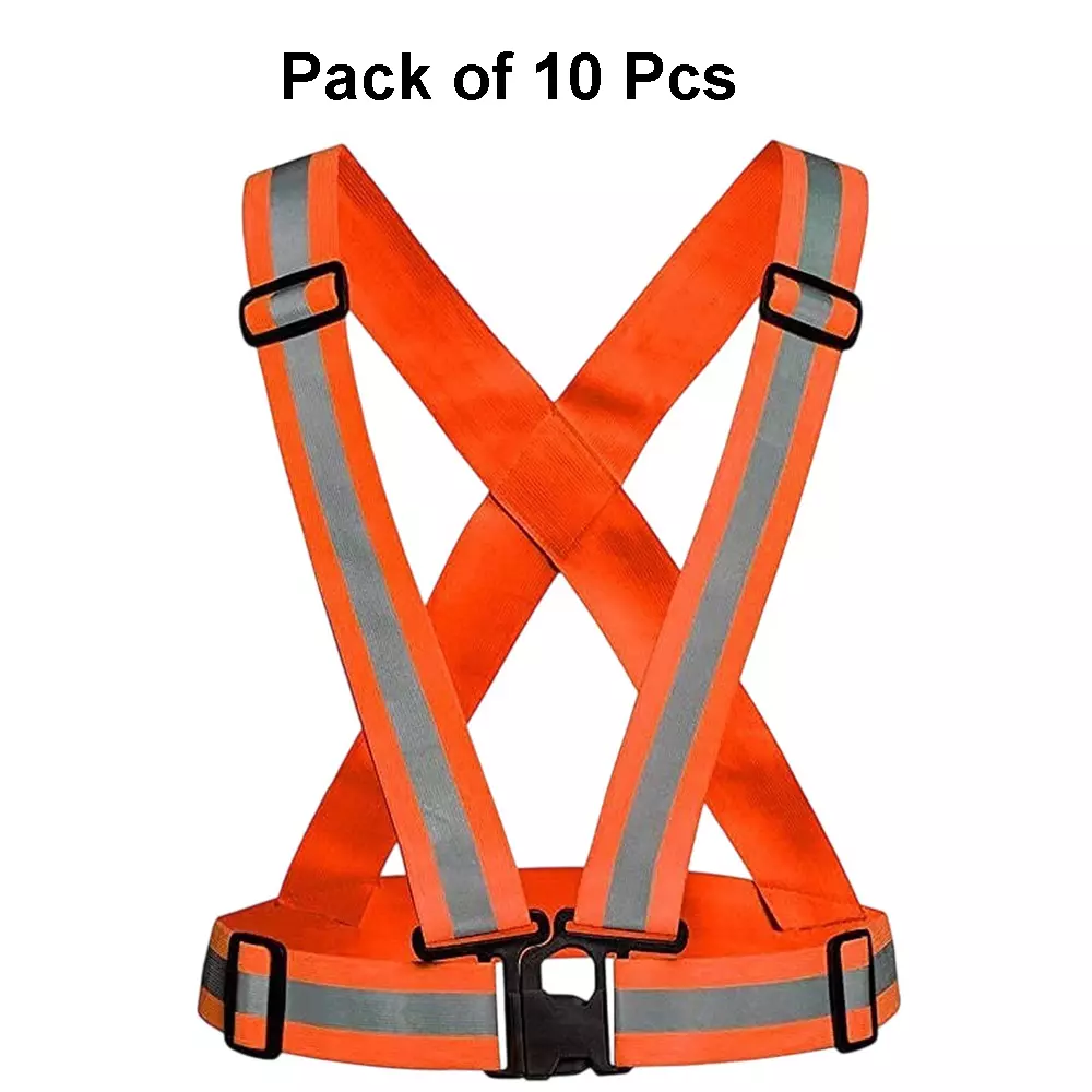 Sicuro Elastic Reflective Safety Belt Sleeveless Free - Size Orange Nylon for Traffic Signal Use, (Pack of 10 Pcs)