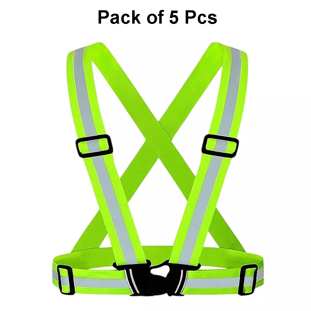 Sicuro Elastic Reflective Safety Belt Sleeveless Free - Size Green Nylon for Traffic Signal Use, (Pack of 5 Pcs)