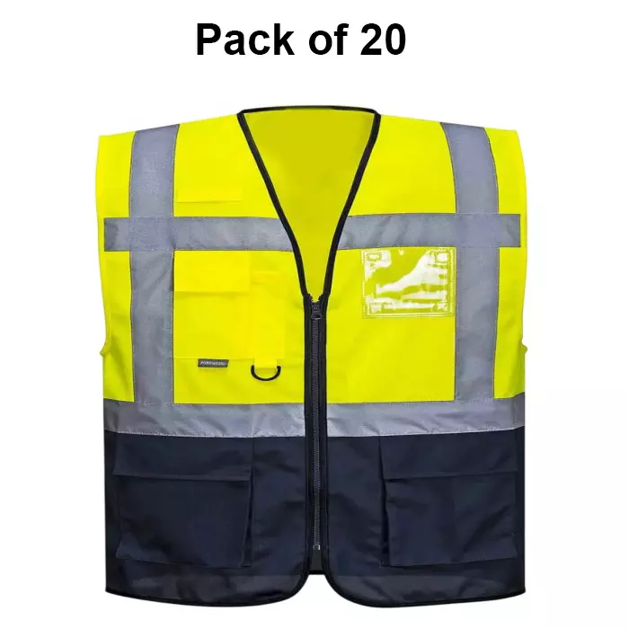warnmat-polyester-high-visibility-multi-pocket-free-size-safety-zipper-jacket-with-reflective-strip-yellow-navy-blue-pack-of-20