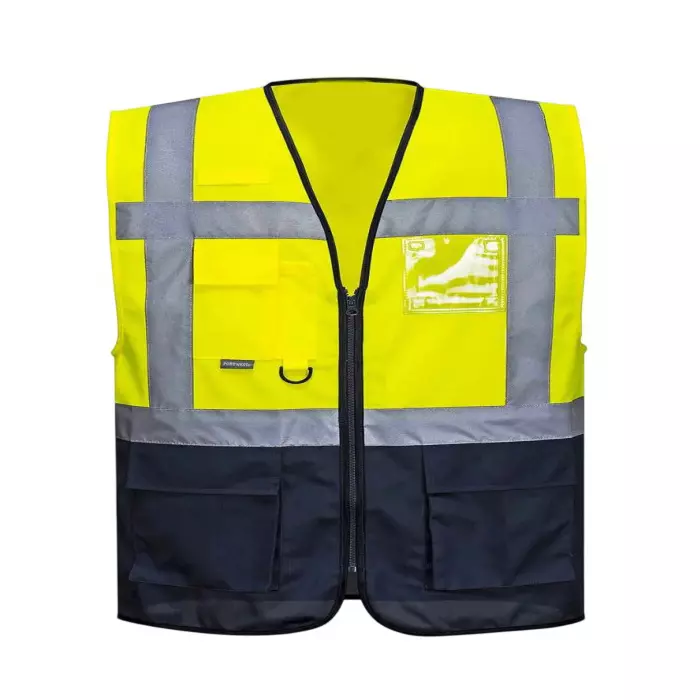 Warnmat Safety Zipper Jacket With Reflective Strip Polyester High Visibility Multi Pocket Free Size Yellow & Navy Blue (Pack of 20)