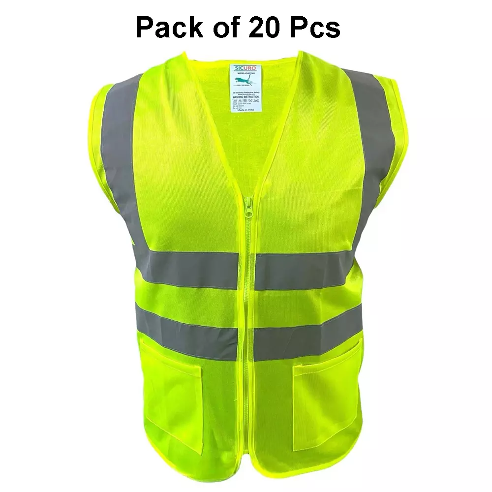 Sicuro Reflective Safety Jacket Sleeveless 3 XL - Size Green Polyester for Indoor & Outdoor Construction Use, (Pack of 20 Pcs)