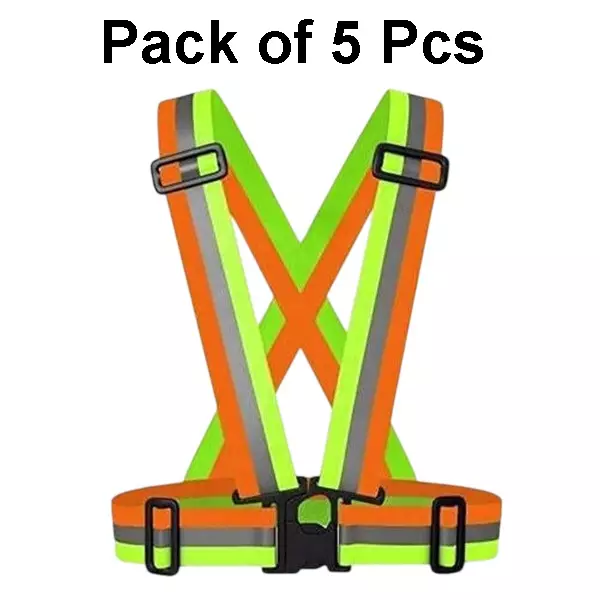 Sicuro Elastic Reflective Safety Belt Sleeveless Free - Size Orange & Green Nylon for Traffic Signal Use, (Pack of 5 Pcs)