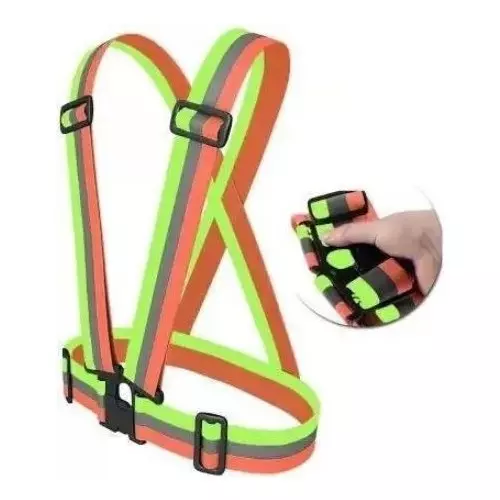 Sicuro Elastic Reflective Safety Belt Sleeveless Free - Size Orange & Green Nylon for Traffic Signal Use, (Pack of 5 Pcs)