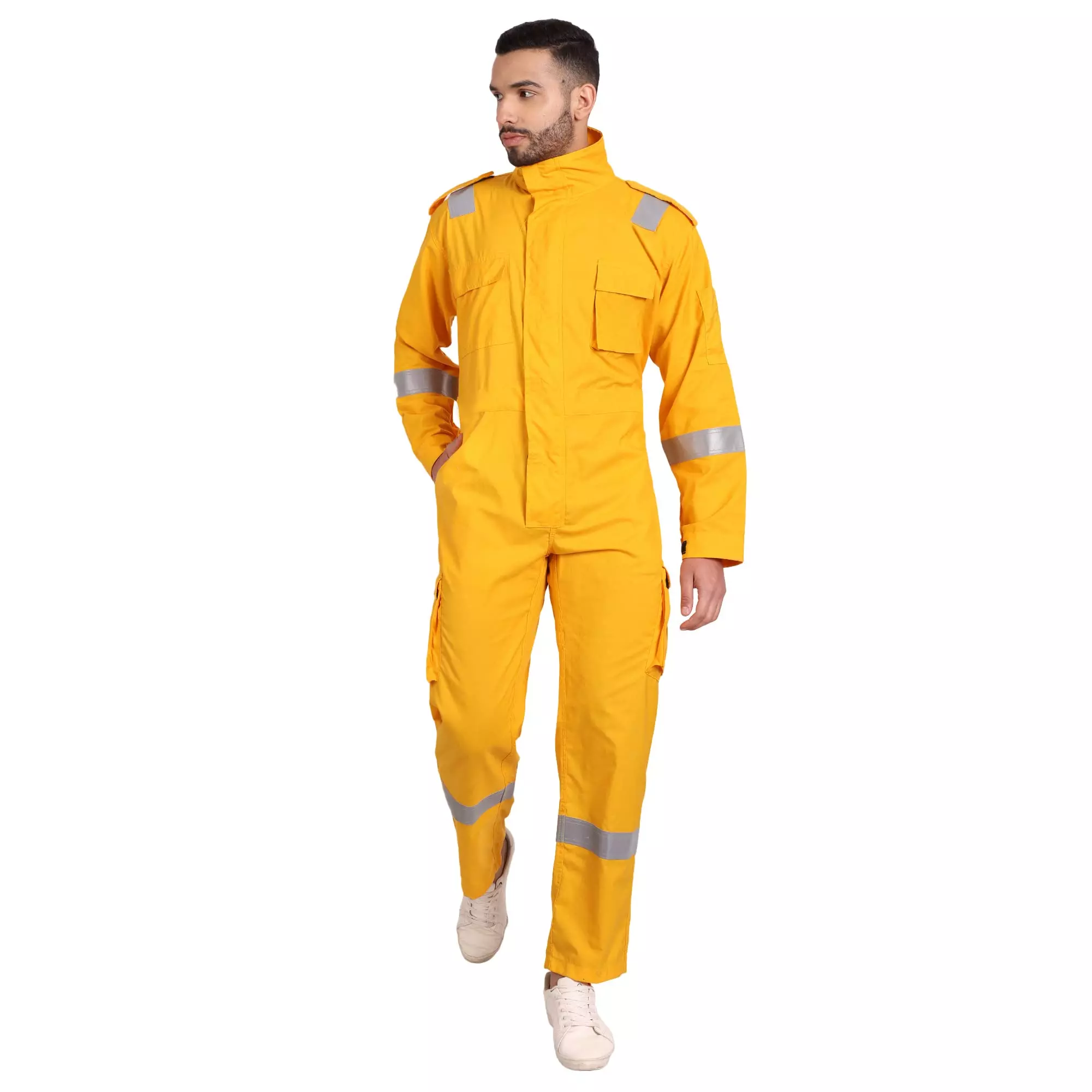 Uniformer L Size Inherent Fire Retardant Coverall with Reflective Tape Yellow Adjustable Fit for Hazardous Environments