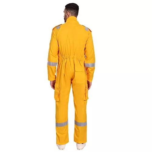 Uniformer L Size Inherent Fire Retardant Coverall with Reflective Tape Yellow Adjustable Fit for Hazardous Environments