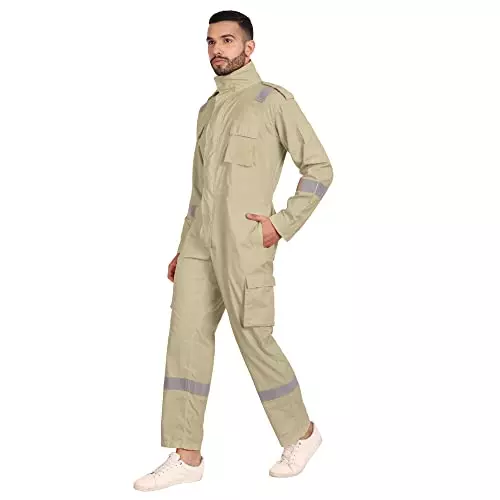 Uniformer M Size Treated Fire Retardant Coverall with Reflective Tape Khaki Adjustable Fit for Hazardous Environments