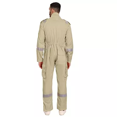 Uniformer M Size Treated Fire Retardant Coverall with Reflective Tape Khaki Adjustable Fit for Hazardous Environments