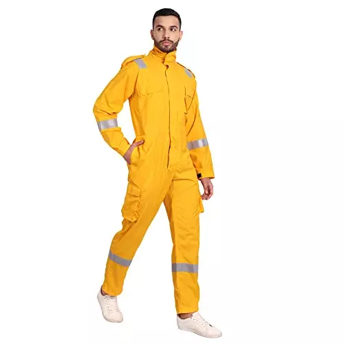Uniformer 5XL Size Inherent Fire Retardant Coverall with Reflective Tape Yellow Adjustable Fit for Hazardous Environments