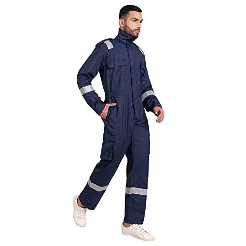 Uniformer 5XL Size Inherent Fire Retardant Coverall with Reflective Tape Navy Blue Adjustable Fit for Hazardous Environments