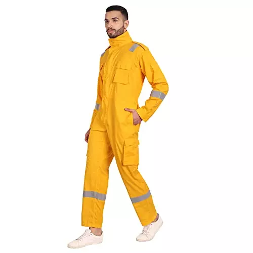 Uniformer 2XL Size Inherent Fire Retardant Coverall with Reflective Tape Yellow Adjustable Fit for Hazardous Environments