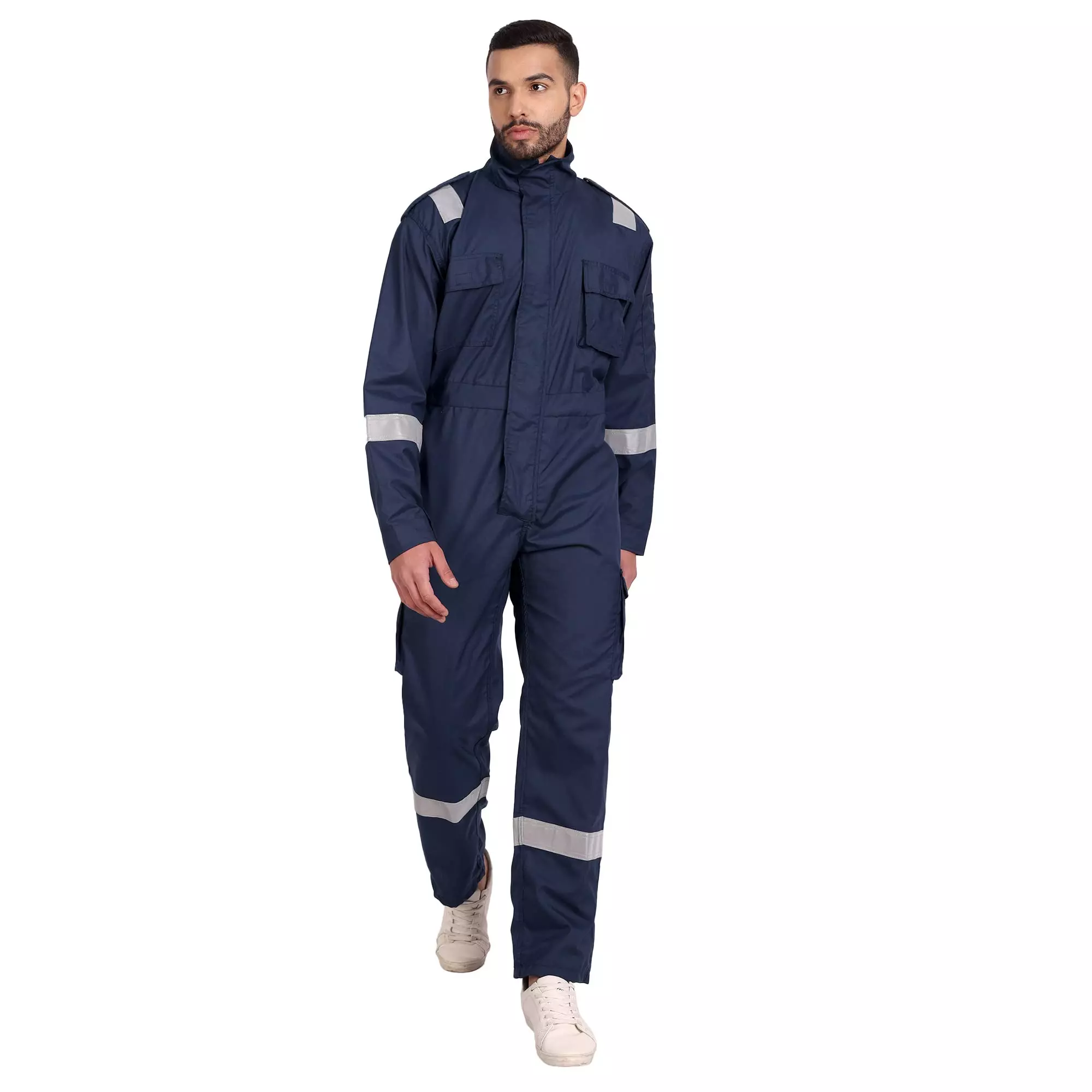 Uniformer S Size Inherent Fire Retardant Coverall with Reflective Tape Navy Blue Adjustable Fit for Hazardous Environments