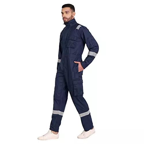 Uniformer S Size Inherent Fire Retardant Coverall with Reflective Tape Navy Blue Adjustable Fit for Hazardous Environments