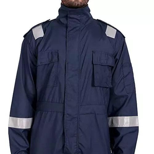 Uniformer S Size Inherent Fire Retardant Coverall with Reflective Tape Navy Blue Adjustable Fit for Hazardous Environments