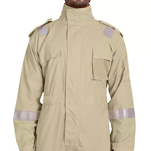 Uniformer L Size Treated Fire Retardant Coverall with Reflective Tape Khaki Adjustable Fit for Hazardous Environments