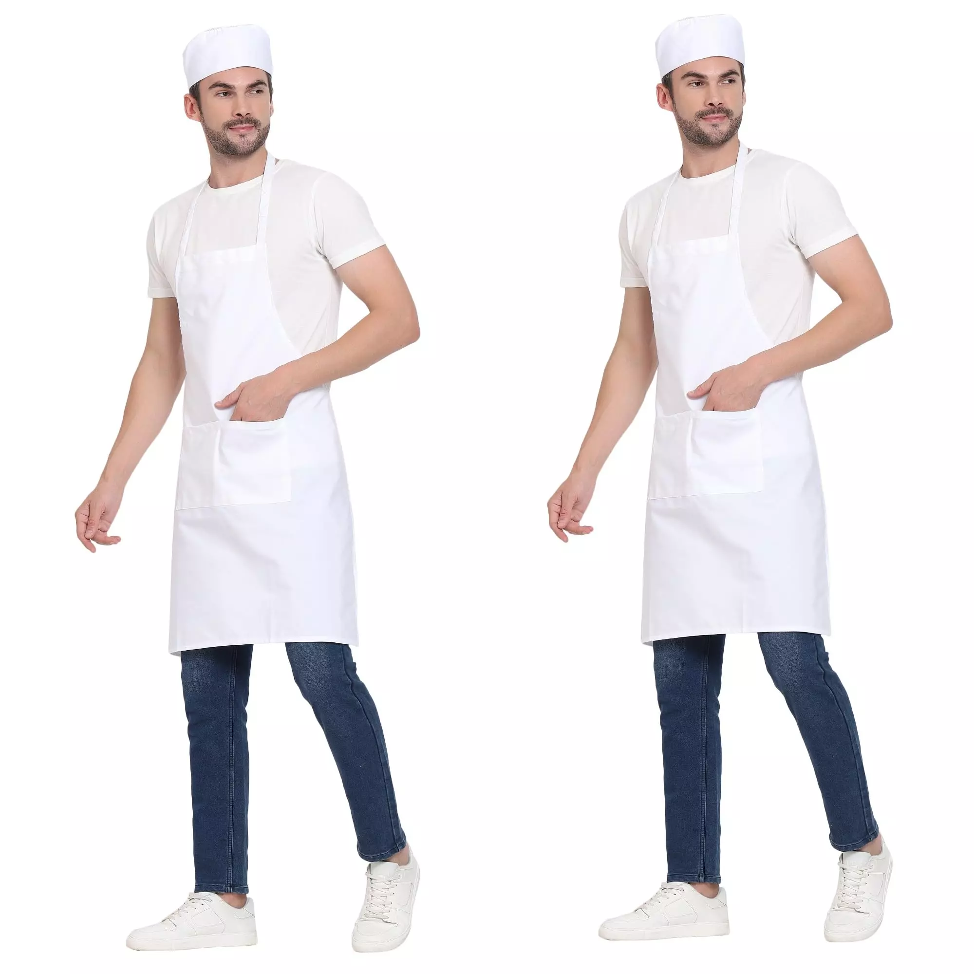 Uniformer Apron White Unisex Stylish Design Polycotton 2 Pockets for Chefs, Bakers & Home Cooks Use, (Pack of 2 Pcs)