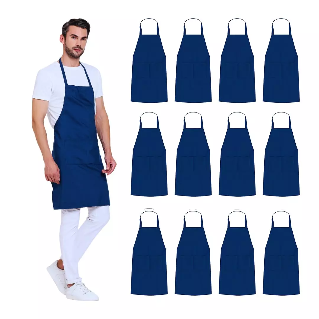Uniformer Apron Blue Unisex Stylish Design Polycotton 2 Pockets for Chefs, Bakers & Home Cooks Use, (Pack of 12 Pcs)
