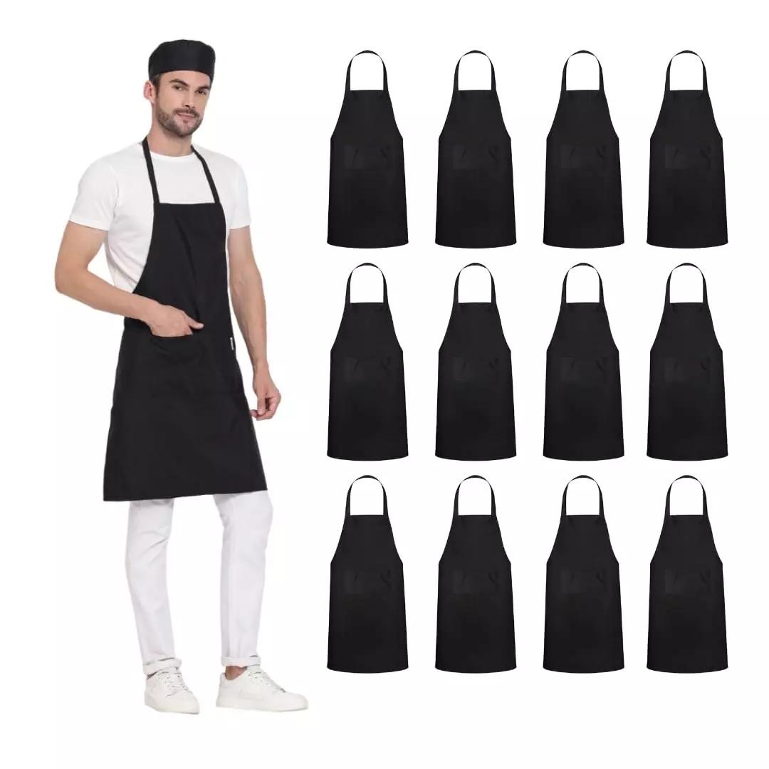 Uniformer Apron Black Unisex Stylish Design Polycotton 2 Pockets for Chefs, Bakers & Home Cooks Use, (Pack of 12 Pcs)