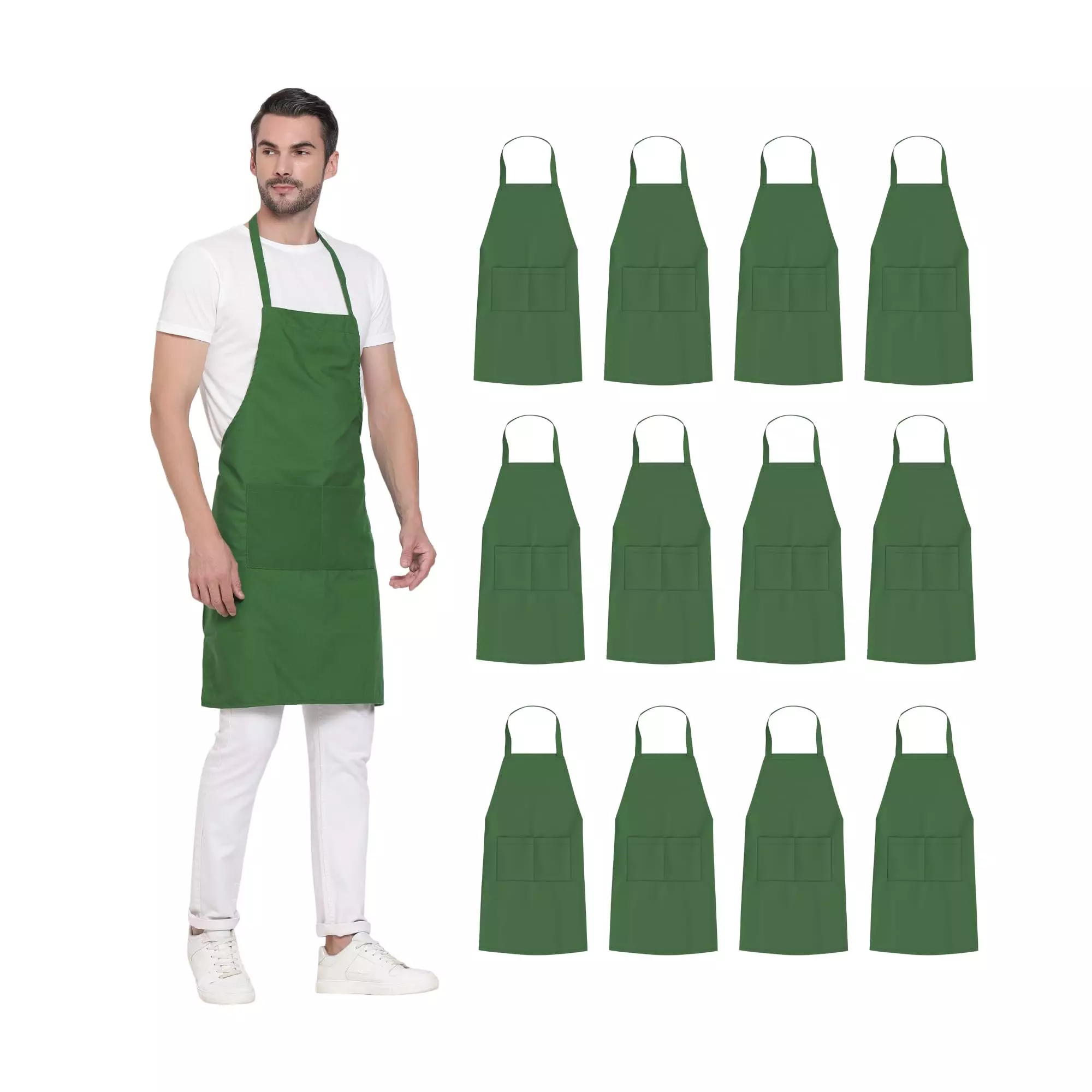 Uniformer Apron Green Unisex Stylish Design Polycotton 2 Pockets for Chefs, Bakers & Home Cooks Use, (Pack of 12 Pcs)