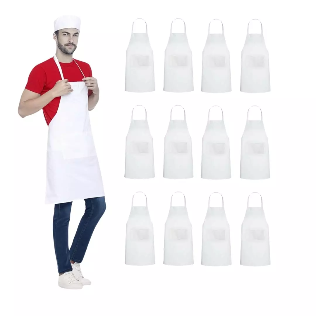Uniformer Apron White Unisex Stylish Design Polycotton 2 Pockets for Chefs, Bakers & Home Cooks Use, (Pack of 12 Pcs)