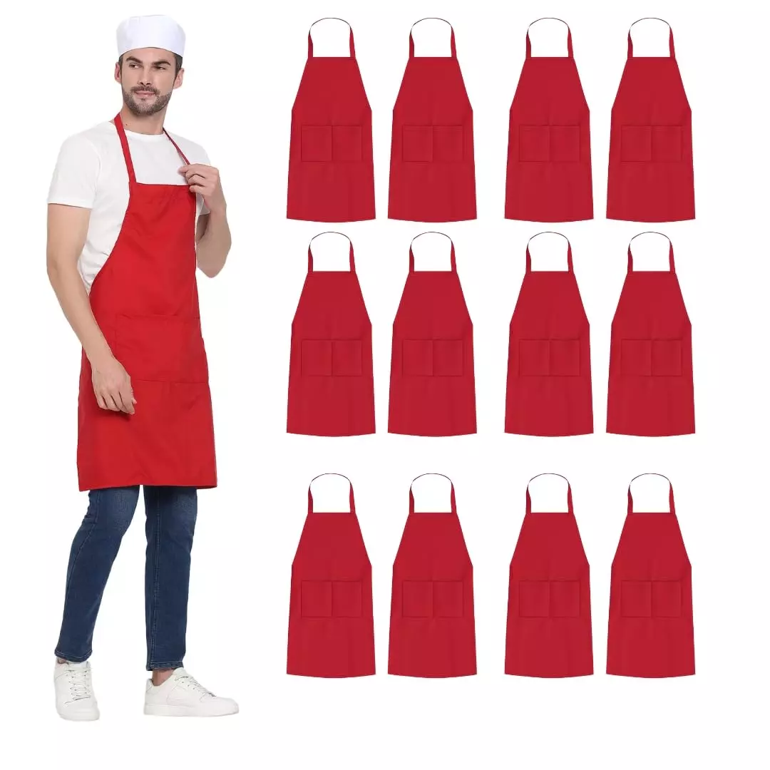 Uniformer Apron Red Unisex Stylish Design Polycotton 2 Pockets for Chefs, Bakers & Home Cooks Use, (Pack of 12 Pcs)