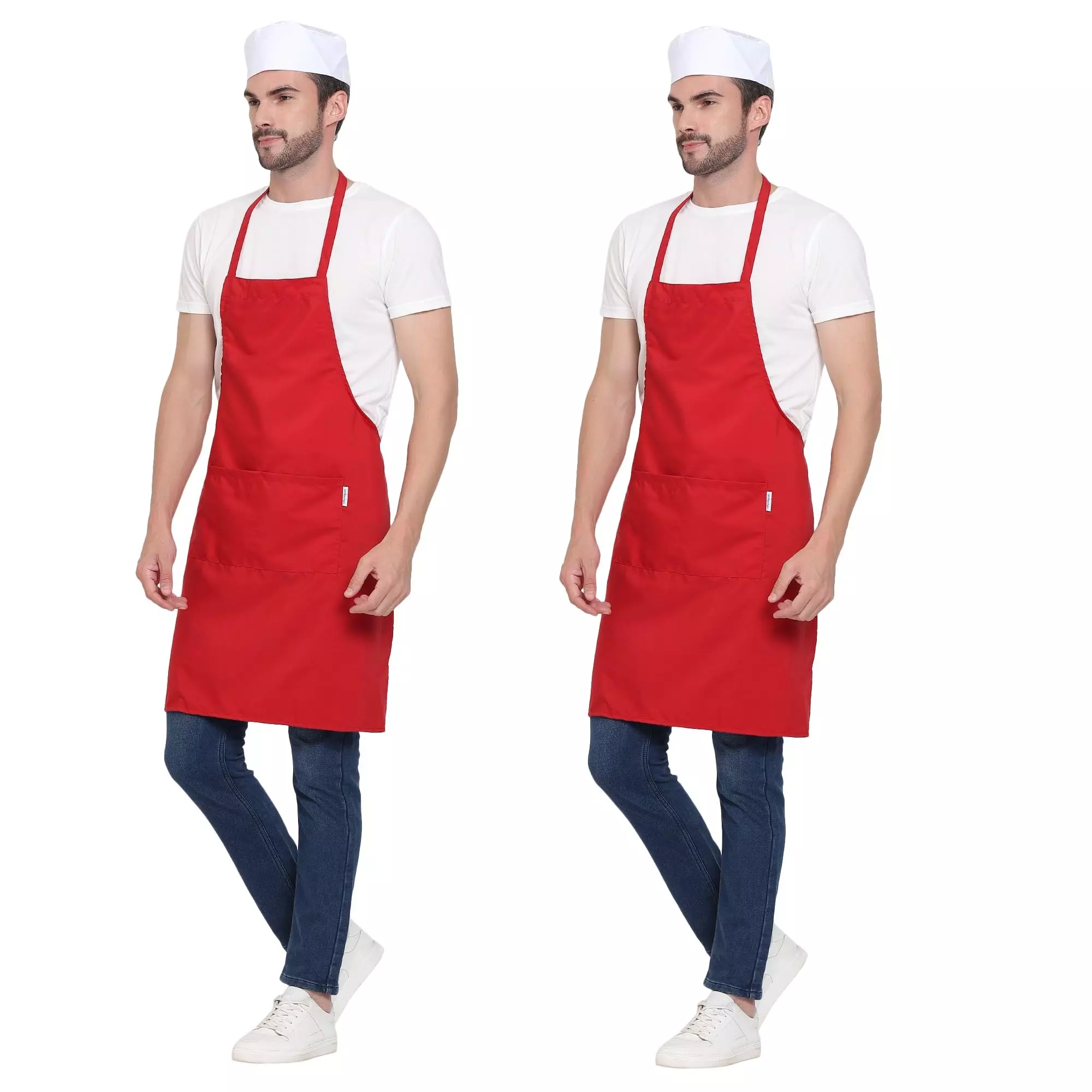 Uniformer Apron Red Unisex Stylish Design Polycotton 2 Pockets for Chefs, Bakers & Home Cooks Use, (Pack of 2 Pcs)