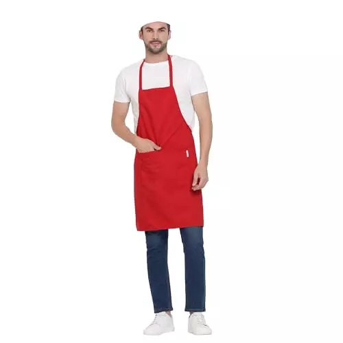 Uniformer Apron Red Unisex Stylish Design Polycotton 2 Pockets for Chefs, Bakers & Home Cooks Use, (Pack of 2 Pcs)