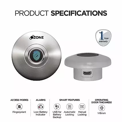 Ozone SN Black Fingerprint Access Automatic Locking System Smart Digital Furniture Lock (Silver) OZFL-55-F