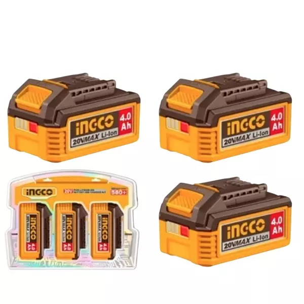 Ingco Lithium-Ion Battery Pack 4.0 Ah Capacity 20 V with LED Battery Power Indicator, COSLI251296 (Pack of 3 Pcs)