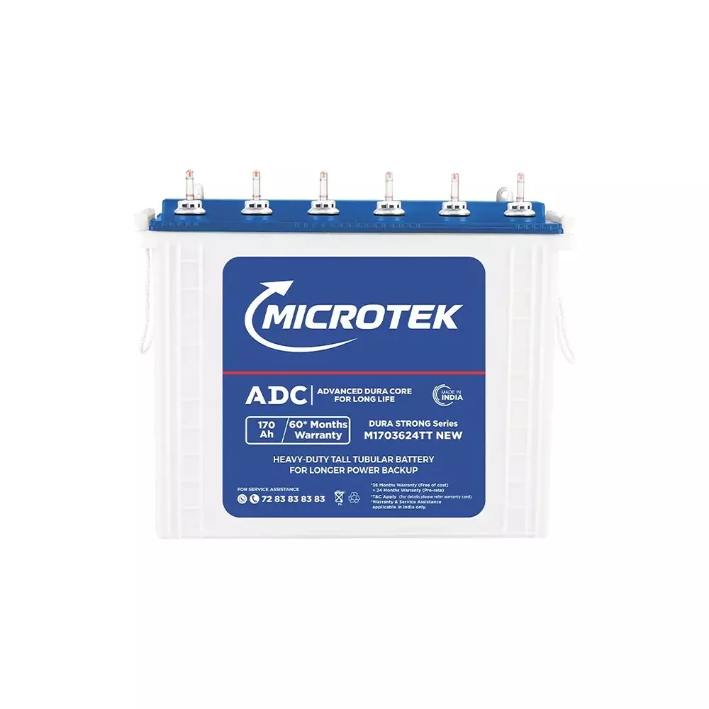 Microtek Dura Strong 170 Ah Tall Tubular Battery 12 V for Home & Office Use, M1703624TT New