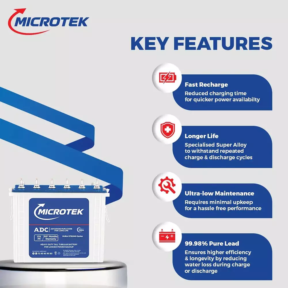 Microtek Dura Strong 170 Ah Tall Tubular Battery 12 V for Home & Office Use, M1703624TT New