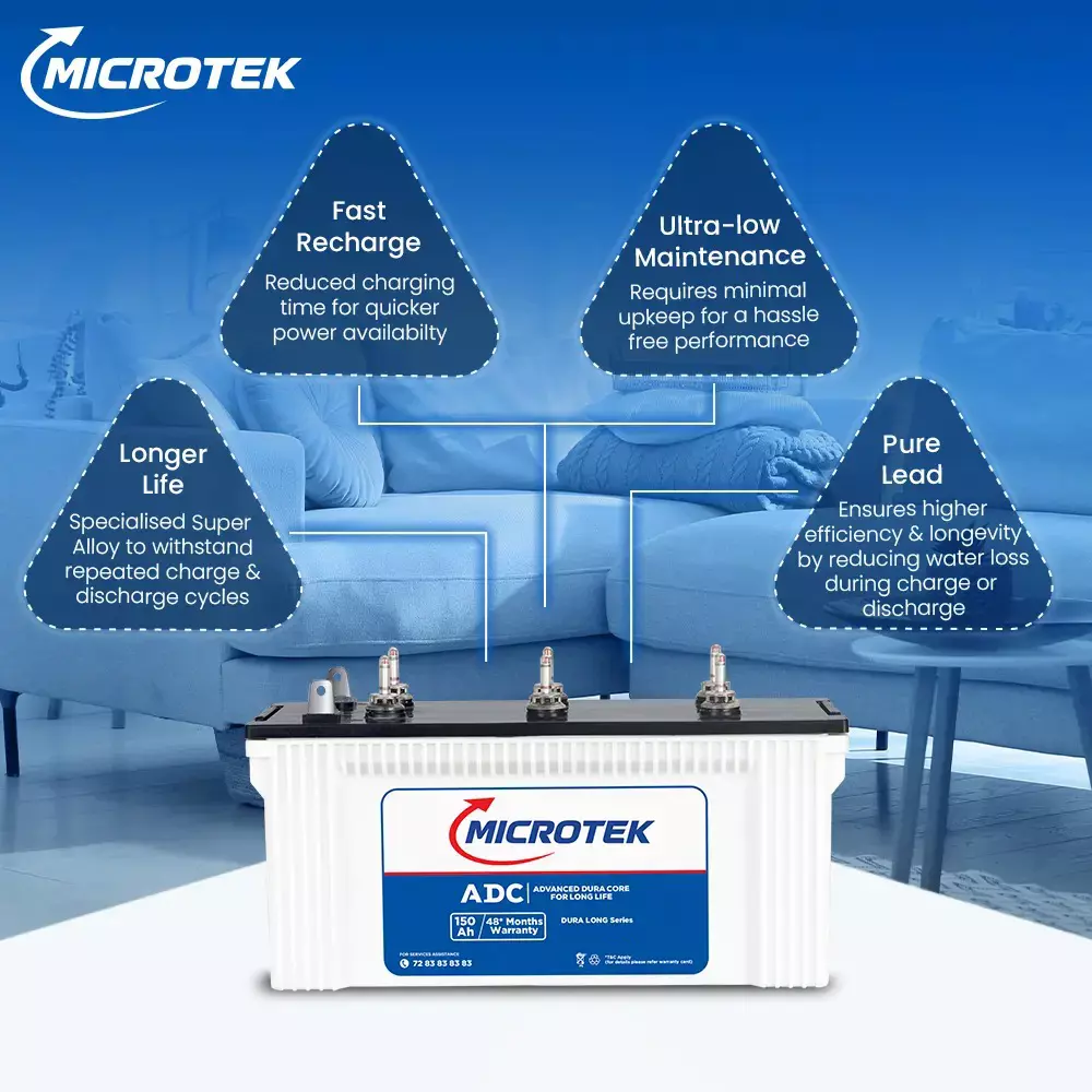 Microtek Dura Long 150 Ah Jumbo Tubular Battery 12 V for Home & Office Use, M1502424JT New