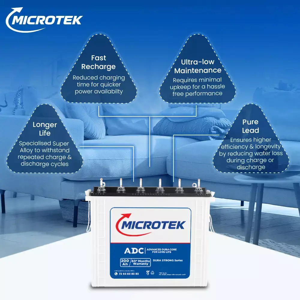 Microtek Dura Strong 200 Ah Tall Tubular Battery 12 V for Home & Office Use, M2003624TT New
