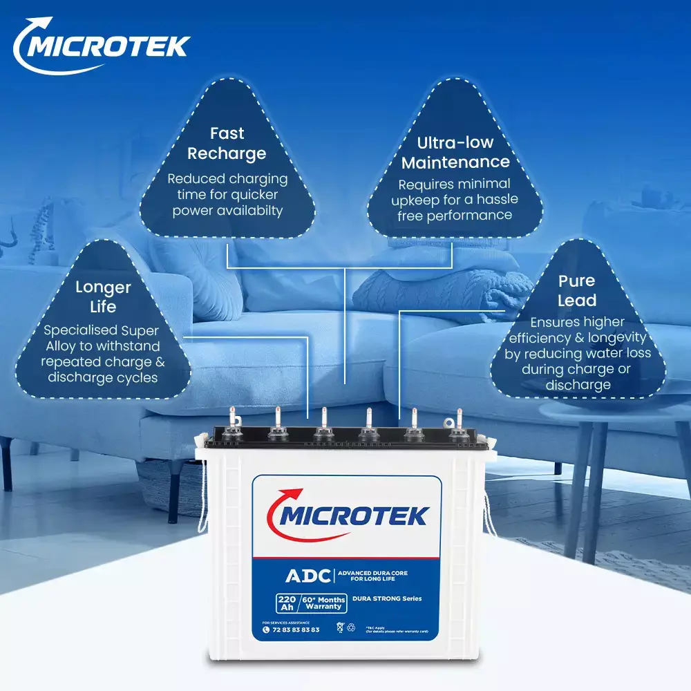 Microtek Dura Strong 220 Ah Tall Tubular Battery 12 V for Home & Office Use, M2203624TT New