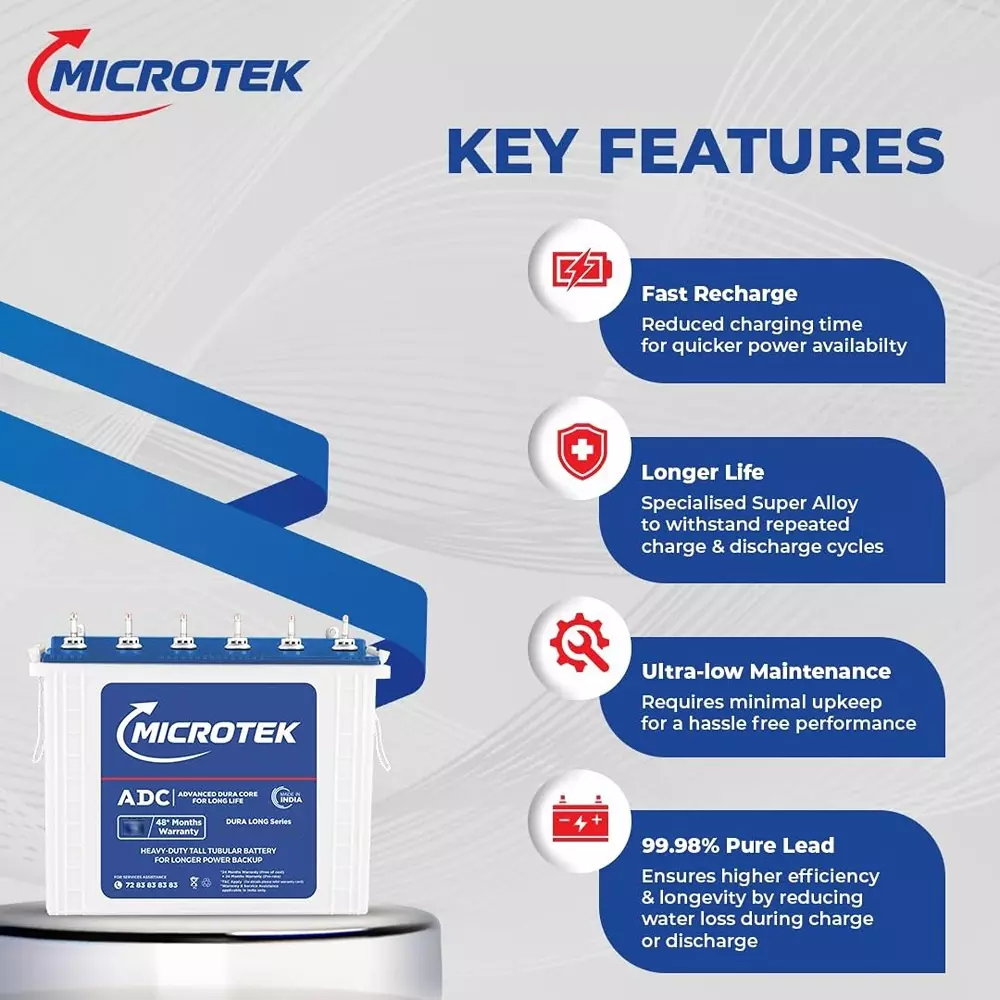Microtek Dura Strong 160 Ah Tall Tubular Battery 12 V for Home & Office Use, M1603624TT New