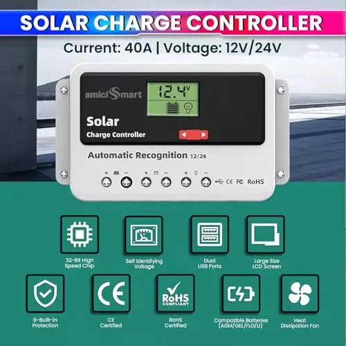 amiciSmart Solar Charge Controller 40 Amp 12 V/24 V 1.04 kW with LCD Display & USB Port, 1x40A-SOLAR-CTRL