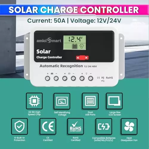 amiciSmart Solar Charge Controller 50 Amp 12 V/24 V/48 V 2.4kW with LCD Display & USB Port, 1x50A-SOLAR-CTRL