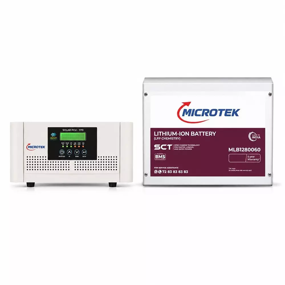 Microtek Solar PCU Inverter with Lithium Battery Combo 1.28 kWh Battery Energy Prismatic LiFePO4 Battery Cell Type 1000 VA Inverter Capacity Pure Sine Wave, 899-511-1170-899-BA2-1210