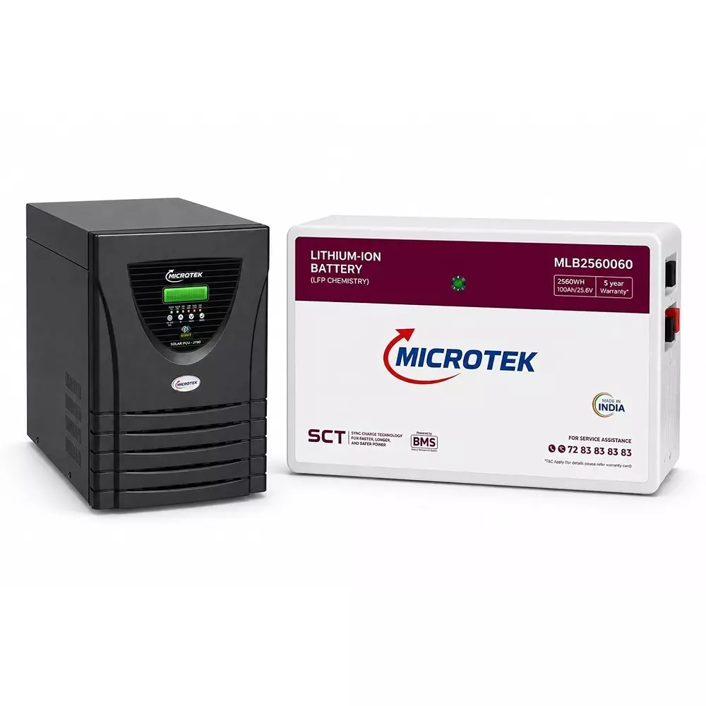 Microtek Solar PCU Inverter with Lithium Battery Combo 2.56 kWh Battery Energy Prismatic LiFePO4 Battery Cell Type 2500 VA Inverter Capacity Pure Sine Wave, 899-M21-2790-899-BA1-1025
