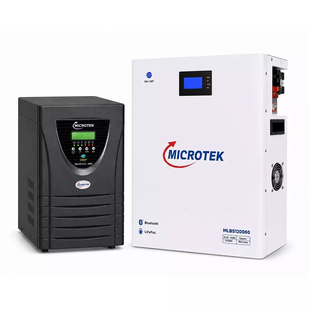 Microtek Solar PCU Inverter with Lithium Battery Combo 5.12 kWh Battery Energy Prismatic LiFePO4 Battery Cell Type 4375 VA Inverter Capacity Pure Sine Wave, 899-511-4560-899-BA1-1051