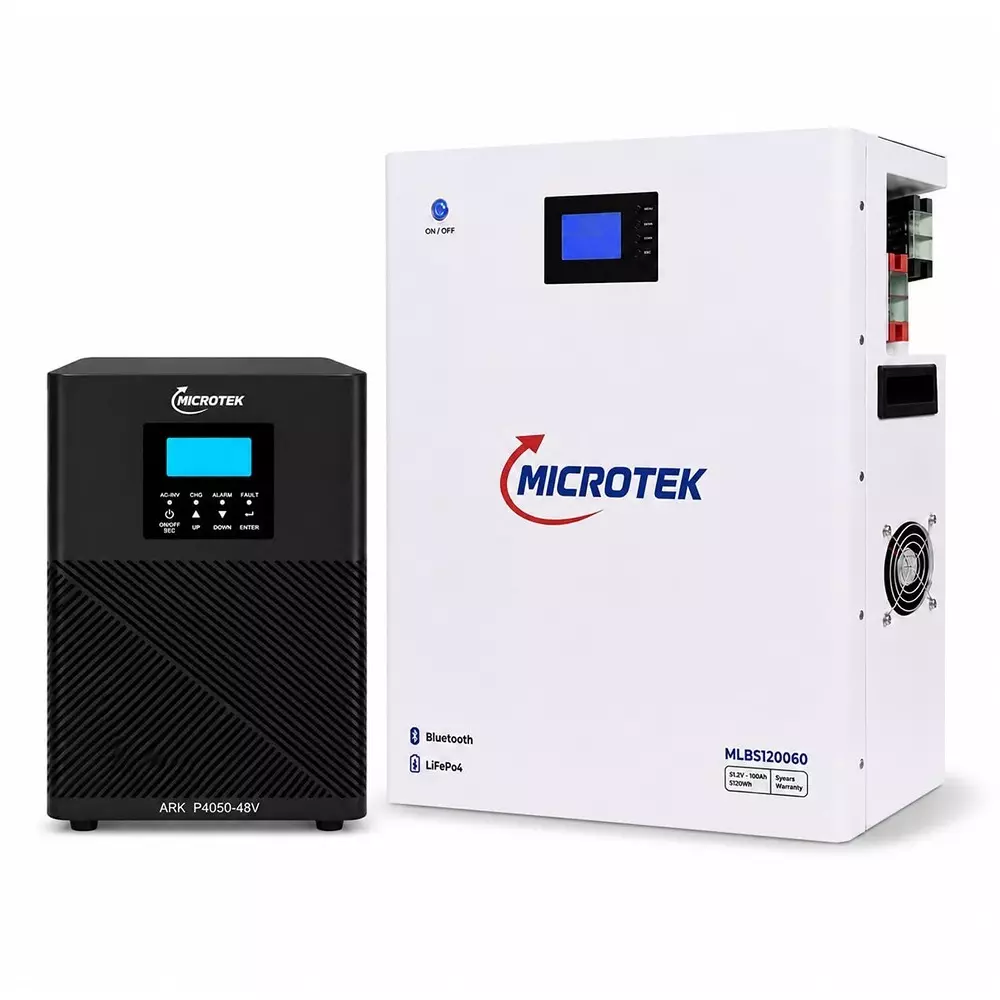 Microtek Solar PCU Inverter with Lithium Battery Combo 5.12 kWh Battery Energy Prismatic LiFePO4 Battery Cell Type 4500 VA Inverter Capacity Pure Sine Wave, 899-392-3501-899-BA1-1051