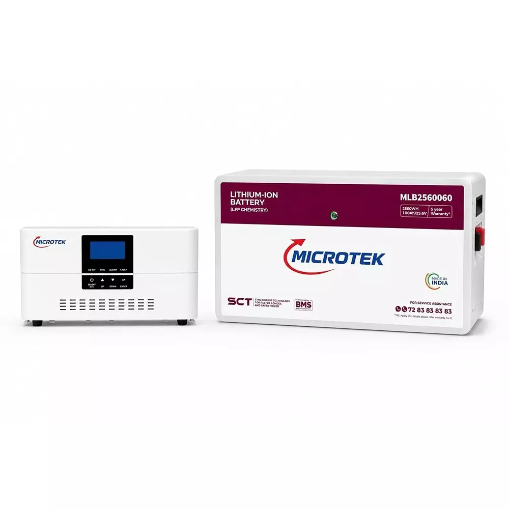 Microtek Solar PCU Inverter with Lithium Battery Combo 2.56 kWh Battery Energy Prismatic LiFePO4 Battery Cell Type 3000 VA Inverter Capacity Pure Sine Wave, 899-072-2501-899-BA1-1025