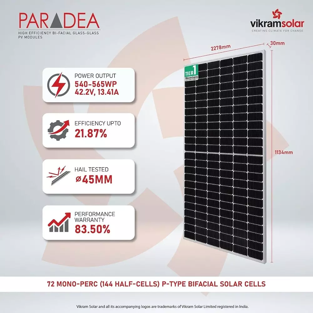 Vikram Solar PARADEA 540-565 W Solar Panels High Efficiency Mono PERC PV Module M10 144 Half-Cut Cells, VSMDP550P2