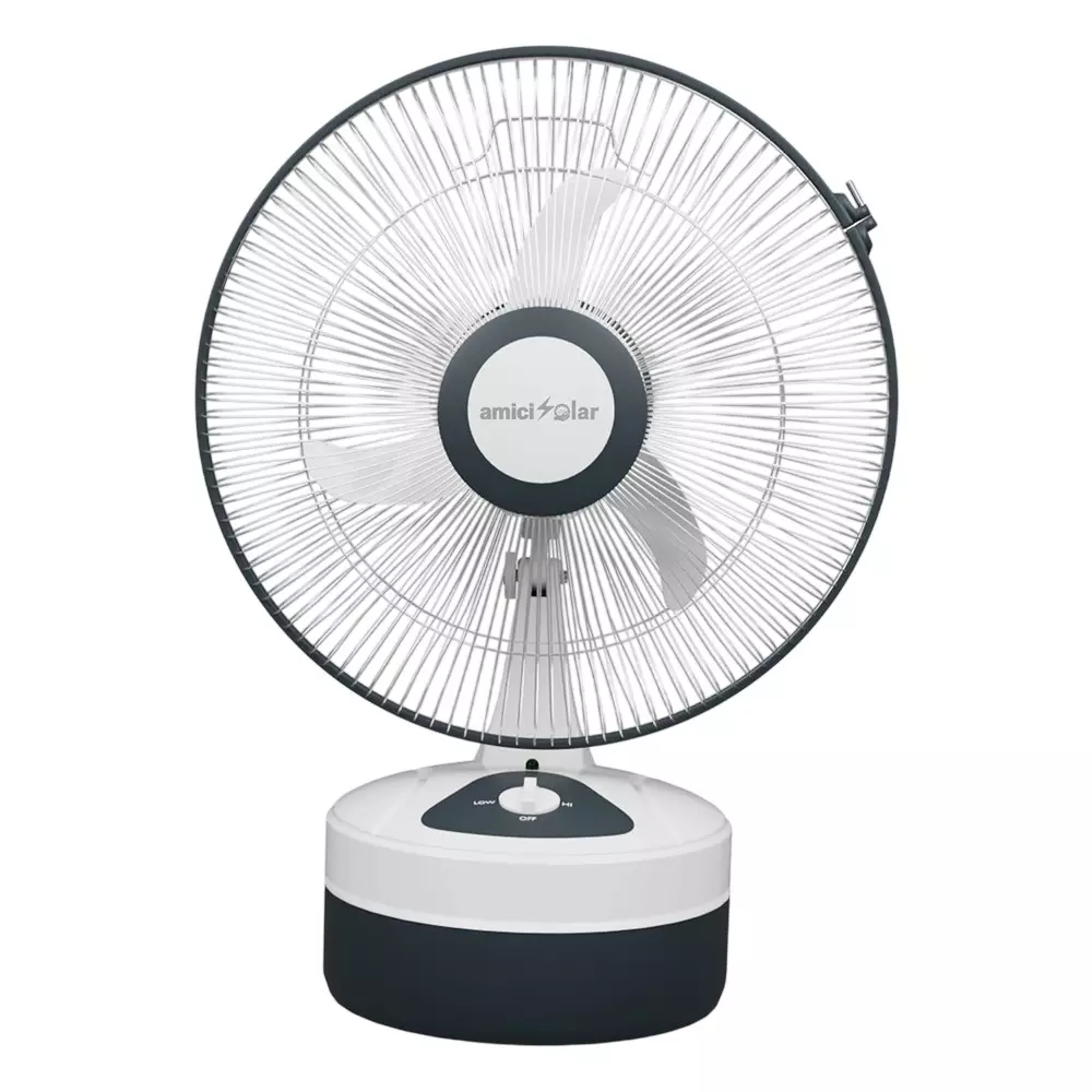amiciSolar Rechargeable Table Fan 12 Inch (300 mm) 3 Speed 24 W 14 h Backup Silent DC Fan, 1xDC-FAN-6V-15AH