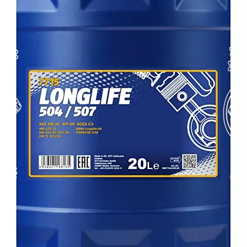 MANNOL Longlife 504/507 5W-30 SN Fully Synthetic Engine Oil 20 L for Petrol & Diesel Engine, 7715-20L