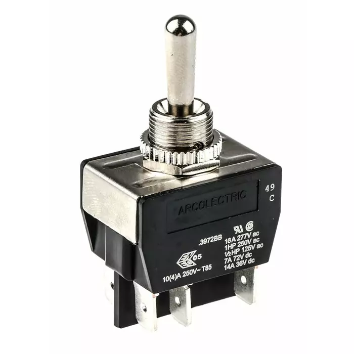 ARCOLECTRIC (BULGIN LIMITED) Toggle Switch Panel Mount (On)-Off-(On) DPDT Tab Terminal, C3972BBAAA