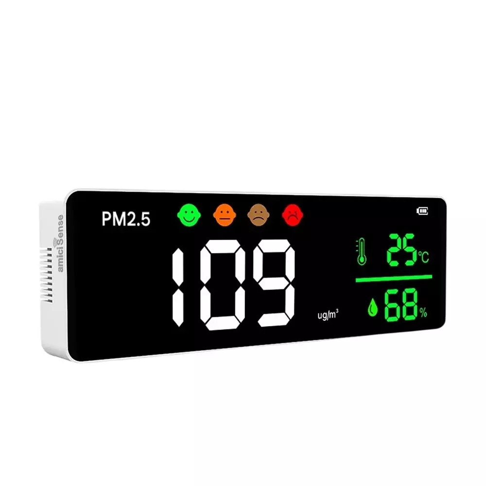 amiciSense 3-in-1 PM2.5 Air Quality Monitor with Temperature & Humidity Display 6 h Backup & 3 m Usb Cable, 1xWM-DM1306E