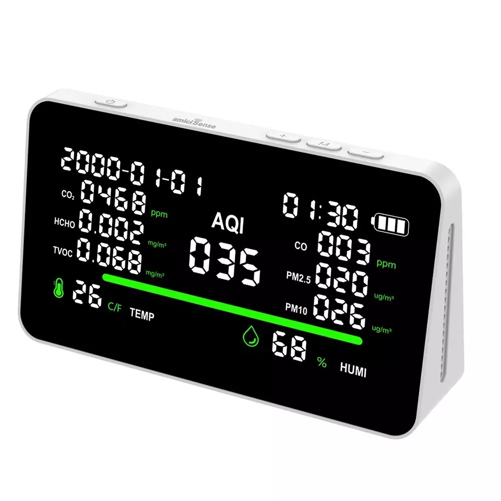amiciSense 11-in-1 Air Quality Detector HD Color Screen CO₂, CO, PM2.5, PM10, HCHO, TVOC Temperature & Humidity, 1xAIR-MTR-BIG