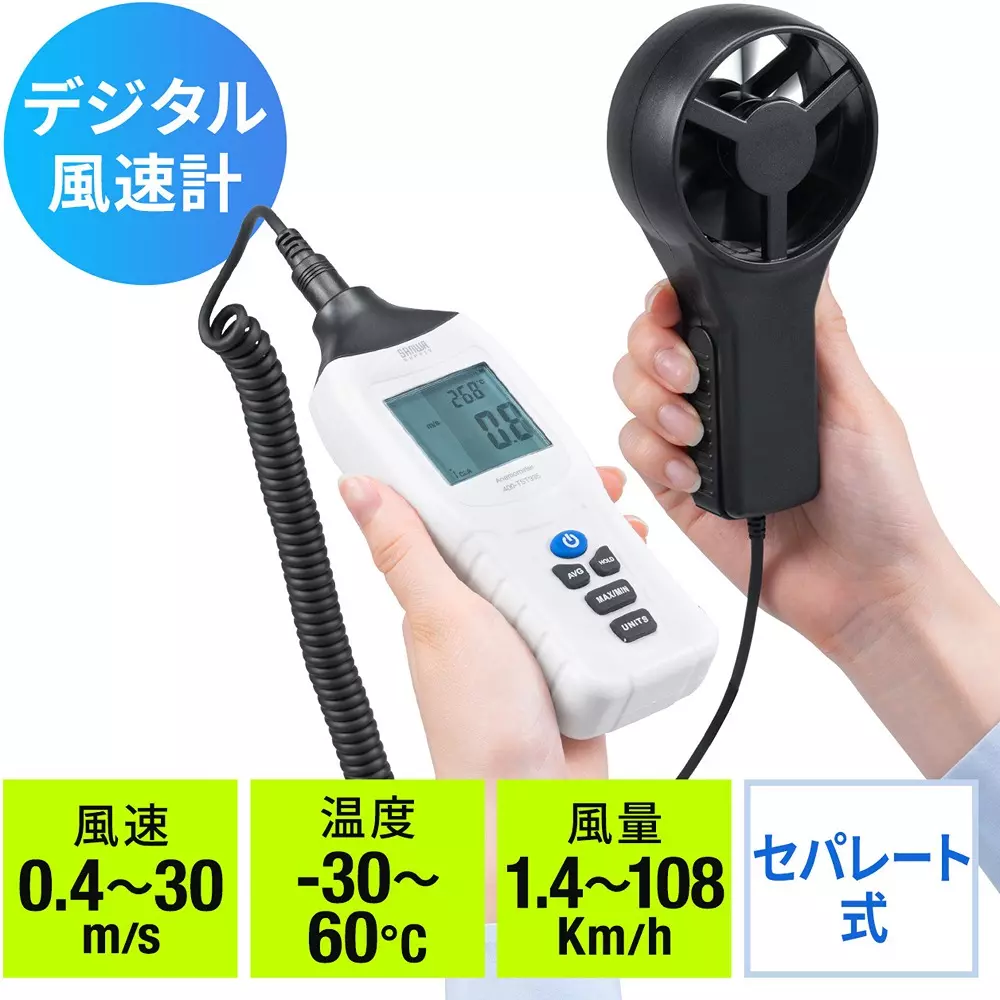 Sanwa Direct Digital Anemometer Measurement: average reading of the latest 10 records, area set: 0.001 to 9999 m², 400-TST935