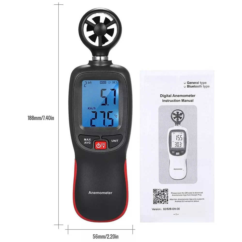 KERRO Digital Anemometer with Bluetooth, 0-30 m/s Wind Speed Range and ±5% Accuracy, HT-82B